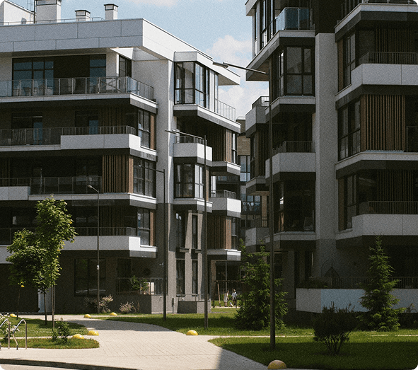 Modern apartment complex with contemporary architecture and landscaped grounds
